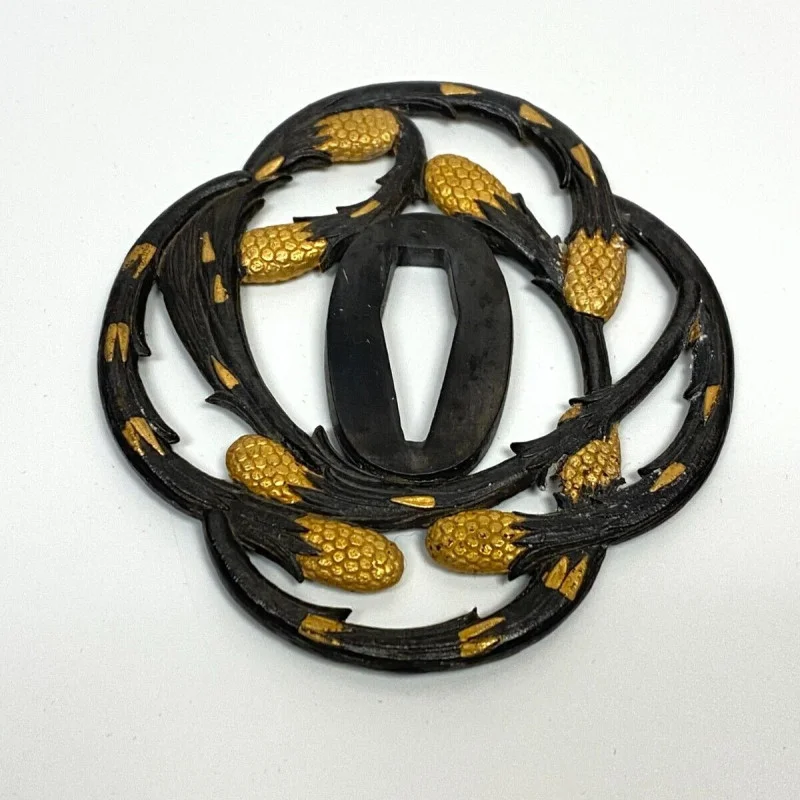 Antique Japanese Tsuba - Iron Sword Guard with Gold Inlay - Pinecone Motif