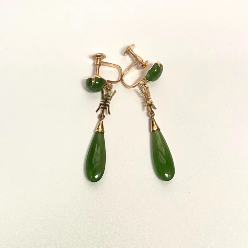 Vintage 10k Rose Gold Green Jade Dangle Earrings Chinese non-pierced