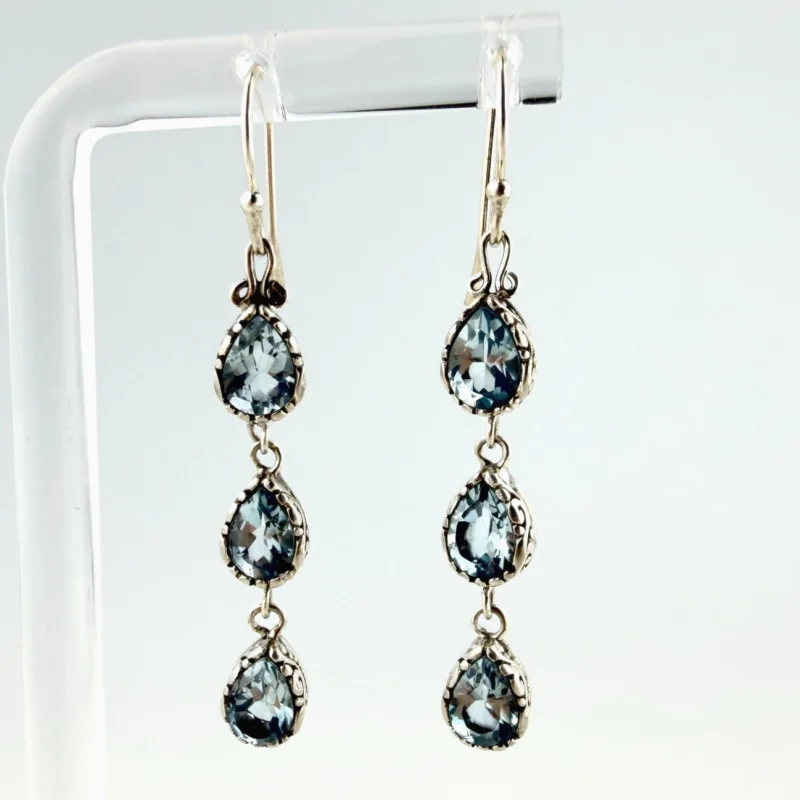 Sterling Silver Blue Topaz Triple Drop Dangle Earrings - 925