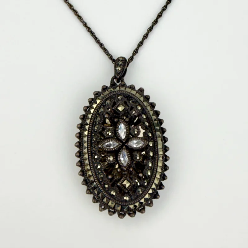 Judith Jack Sterling Silver Marcasite Oval Locket Pendant on Original Chain