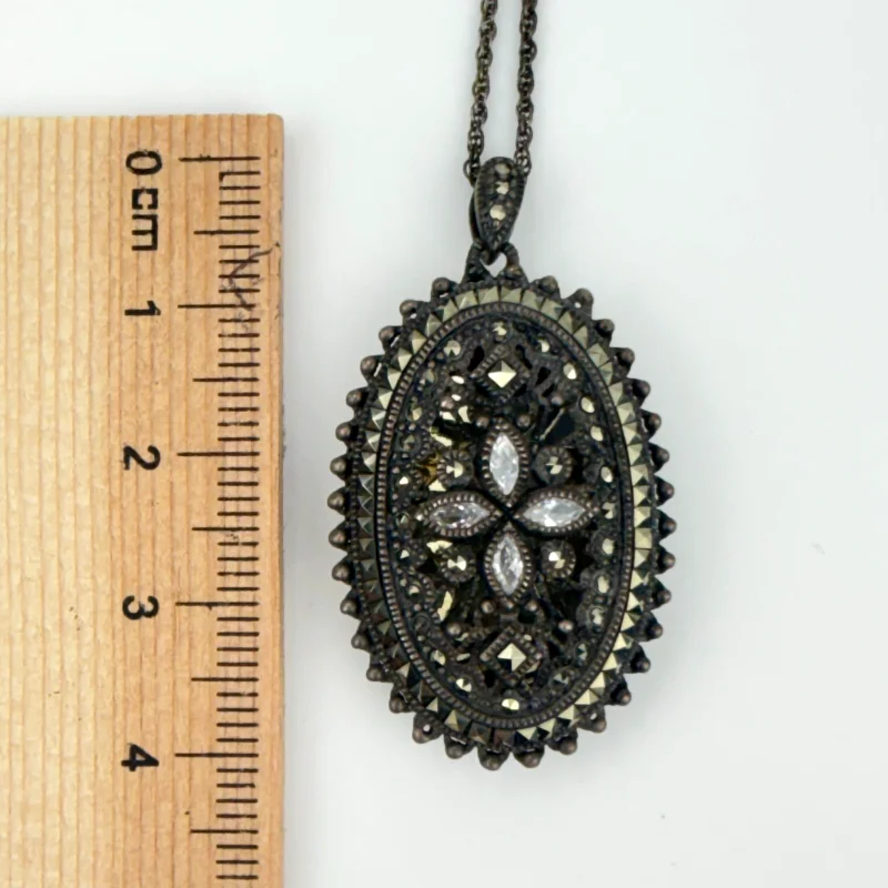 Judith Jack Sterling Silver Marcasite Oval Locket Pendant on Original Chain