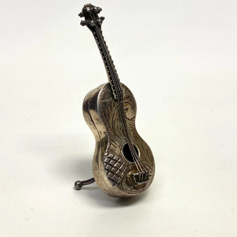 Rare Antique Sterling Silver Miniature Scroll Guitar Pill Box Dove Doll House