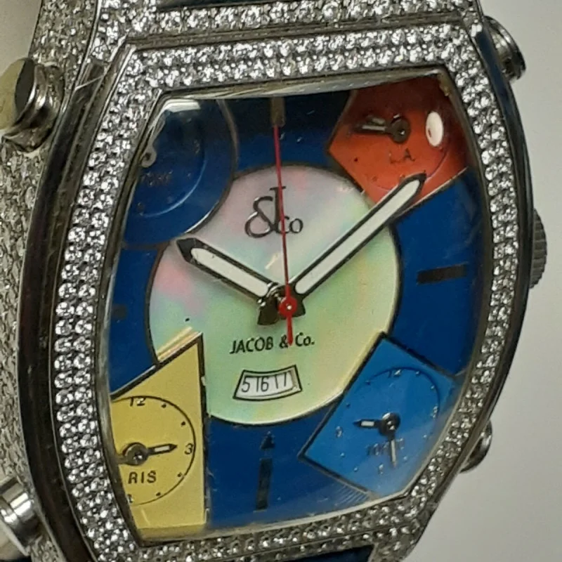 Unisex Diamond Jacob & Co Blue Leather Band Five Time Zone Quasar.
