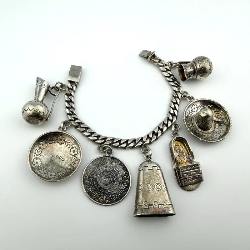 Vintage Sterling Silver Castelan Mexico Charm Link Southwestern Bracelet, 7”