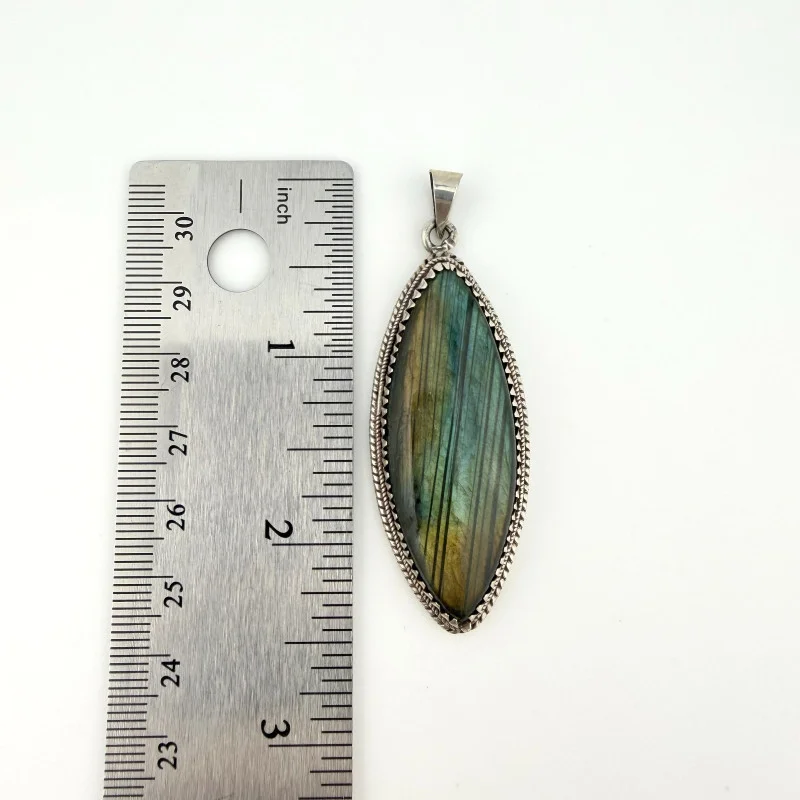 Vintage Large Labradorite Sterling Silver Necklace Pendant Marquise Shape