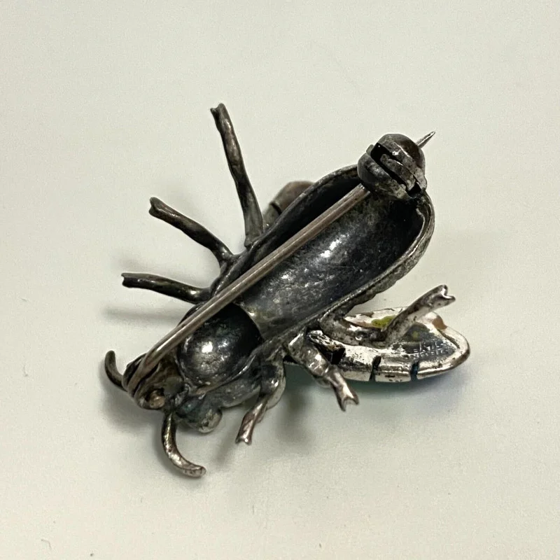 Vintage Sterling Silver & Enamel Bee Pin With Marcasite & Ruby Stone Eyes