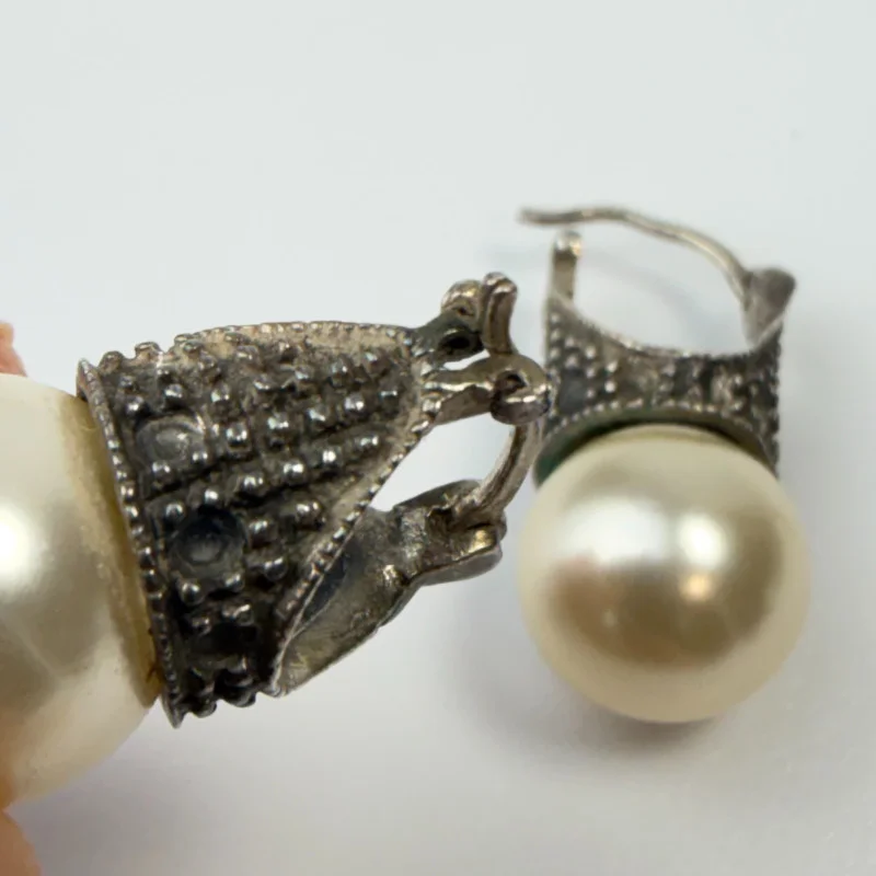 Vintage Marcasite And White Pearl Silver Earrings Pierced