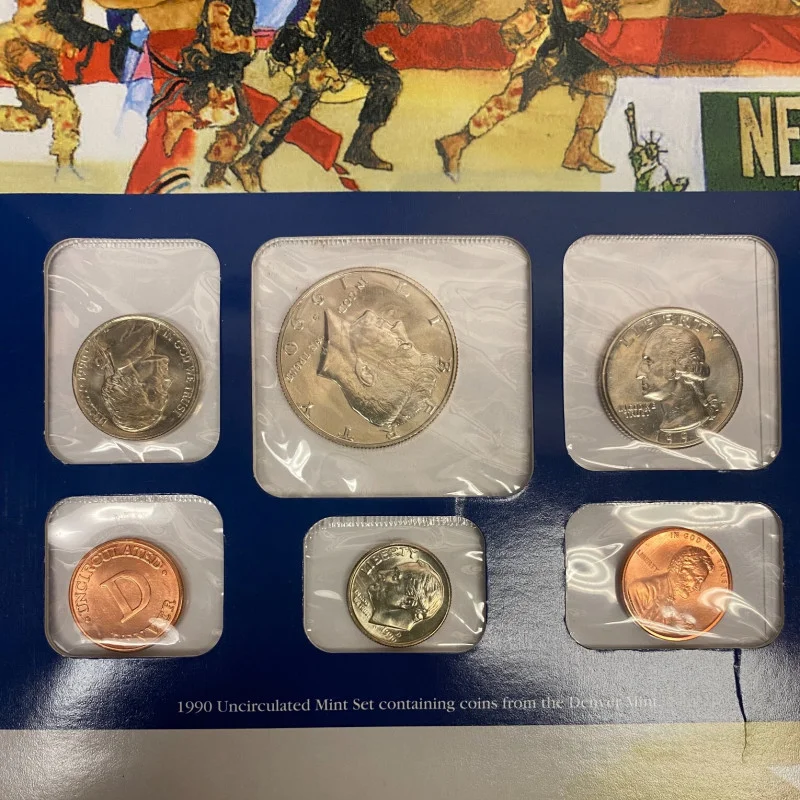 12 COINS 1990 P&D US Mint Sets, Postal Commemorative Society Presentation Panel