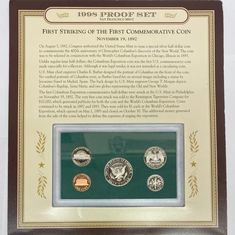 1998 US Mint Proof Set San Francisco Set Display Card W/Stamp Columbia’s Expo