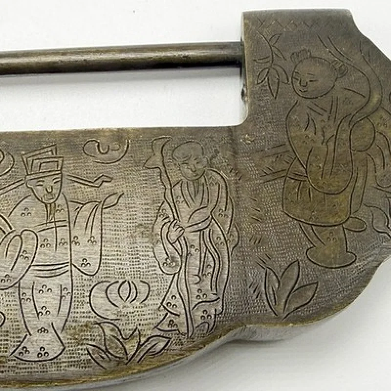 Rare Antique Chinese Engraved Figural Padlock Exceptional Asian Collector Piece