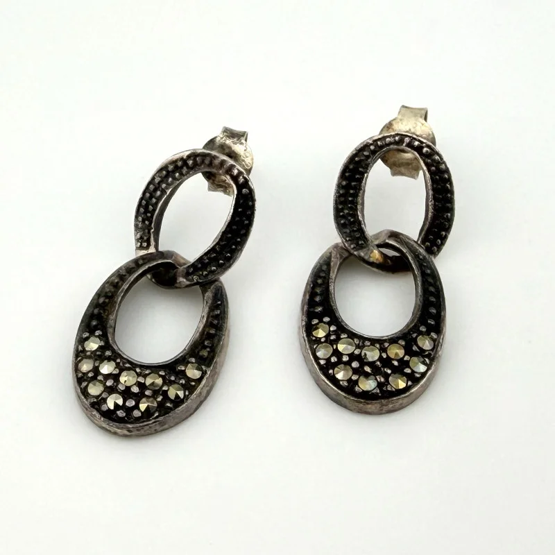 Vintage Sterling Silver Marcasite Interlocking Circle Dangle Earrings