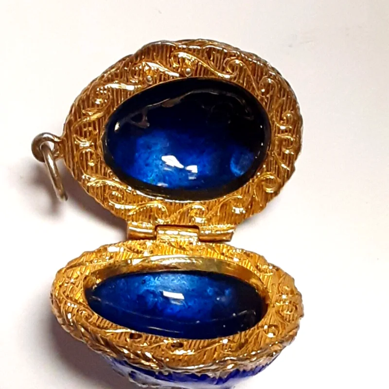 Small Antique Sterling Silver Enamel Egg Pendant (BLUE WITH STARS )