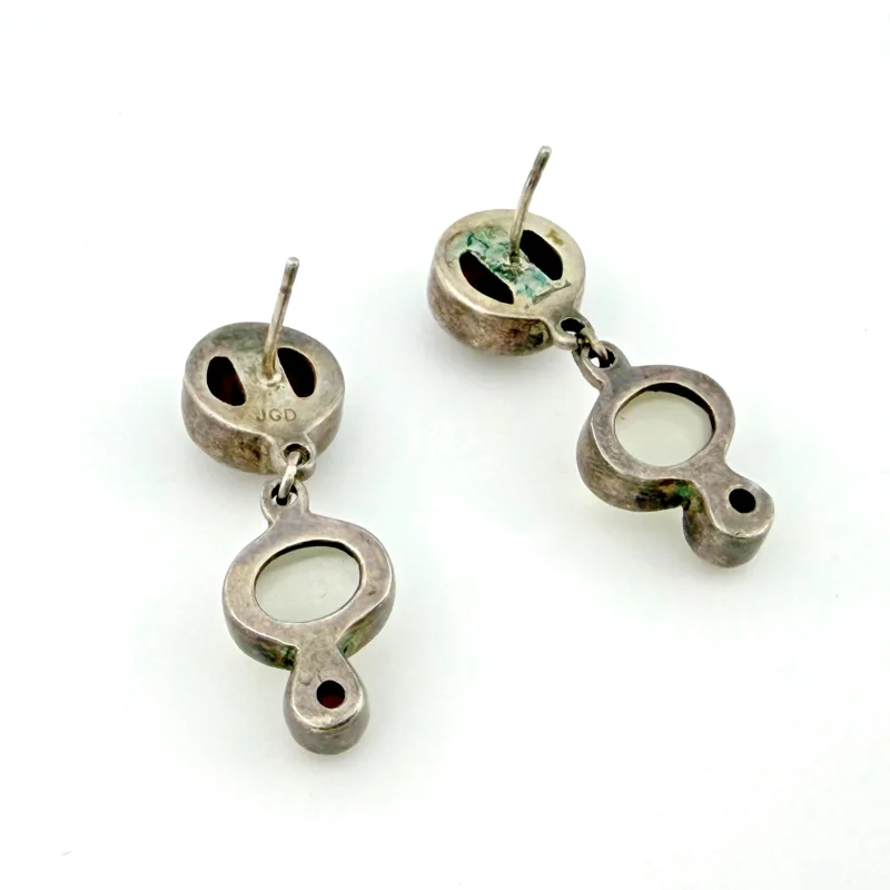 Vintage Janice Girardi Sterling Silver Dangle Earrings - Cat's Eye & Garnets