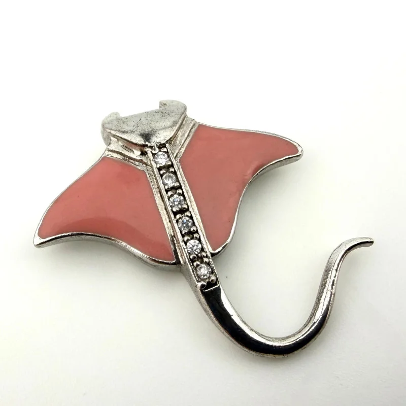 Vintage Shields Sterling Silver Pink Enamel Stingray / Manta Ray Pendant with CZ