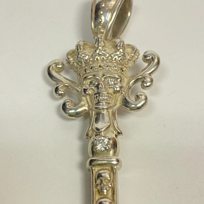 Justin Davis Sterling Silver Key Pendant with Crown and Skull Design, 3 inches