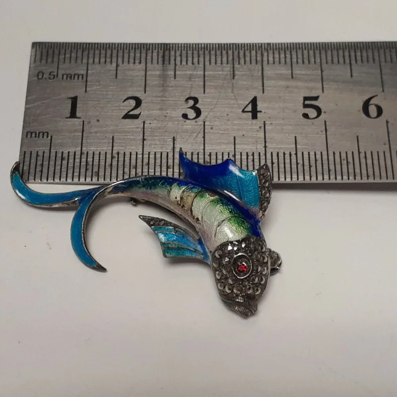 Antique Sterling Silver Designed Gems Faced Blue Multicolor Fish / 1 Ruby Eye  