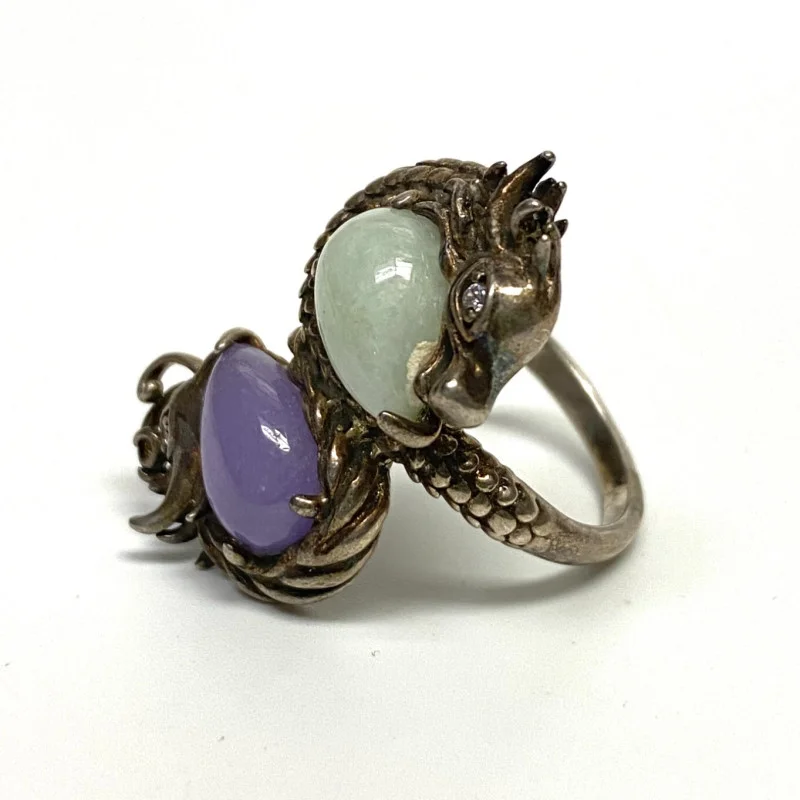 Joy Jade and White Sapphires Sterling Silver Shape Dragon Ring