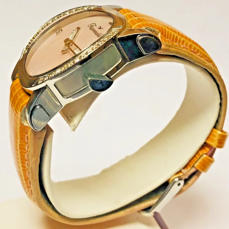 Faconnable Automatic Pink Mother Of Pearl Dial Diamond Bezel Leather Watch !!!