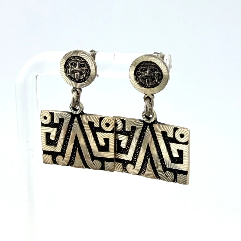 Mexican Sterling Silver Aztec Dangle Earrings - MO-68 MEX 925