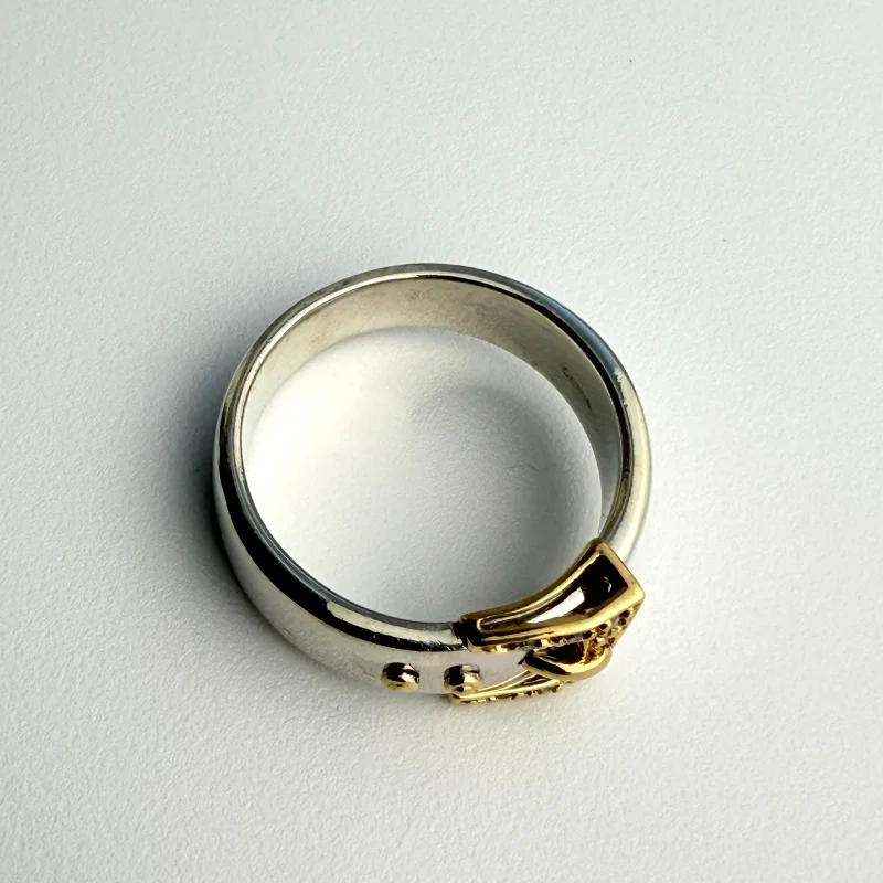 925 Silver Belt Buckle Ring with 14K Gold Buckle Detail and Sapphires - Size 10