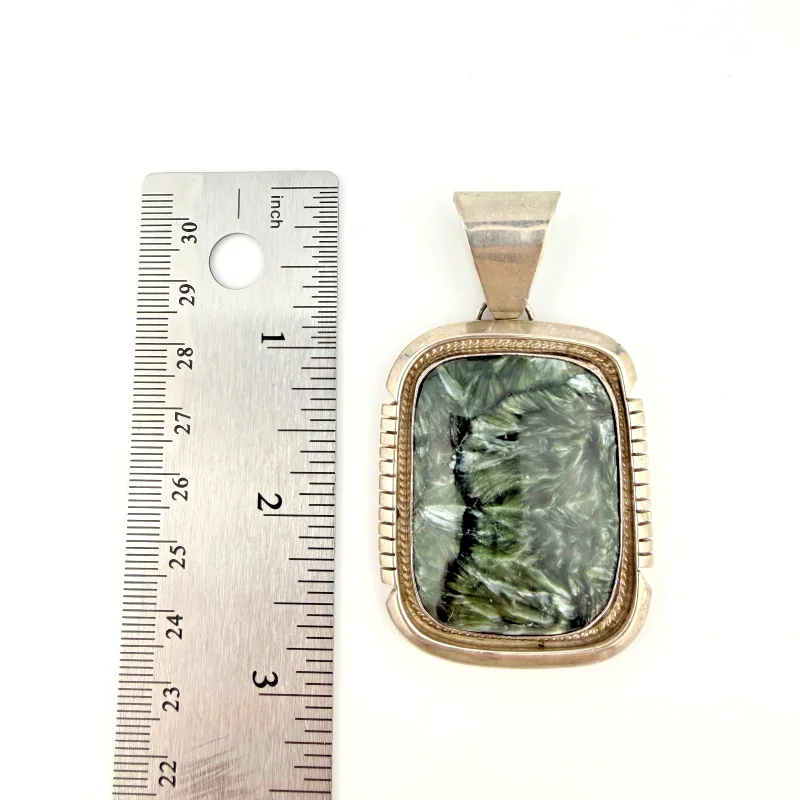 Large Sterling Silver Seraphinite Pendant - Handcrafted with Feathery Pattern