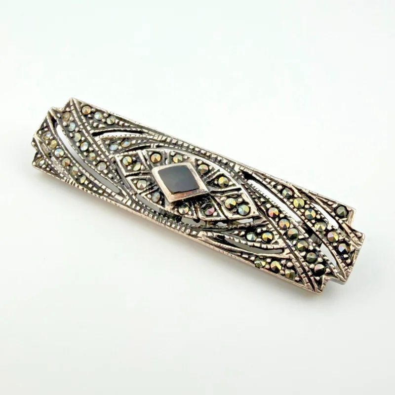 Vintage 30s Art Deco Sterling Silver Marcasites Bar Brooch Pin