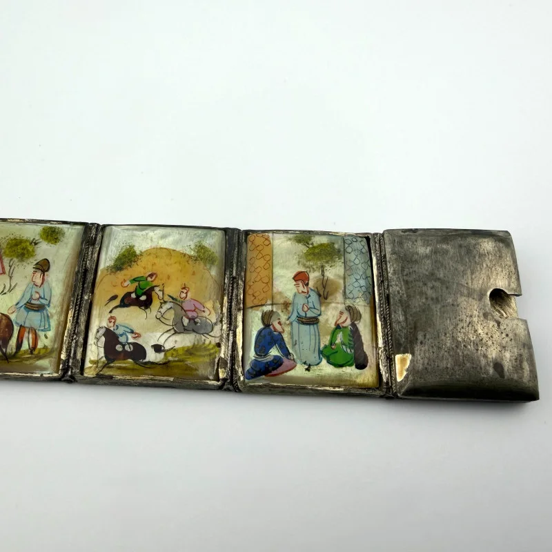 Vintage Antique Persian Miniature Painting Mother of Pearl Silver Bracelet