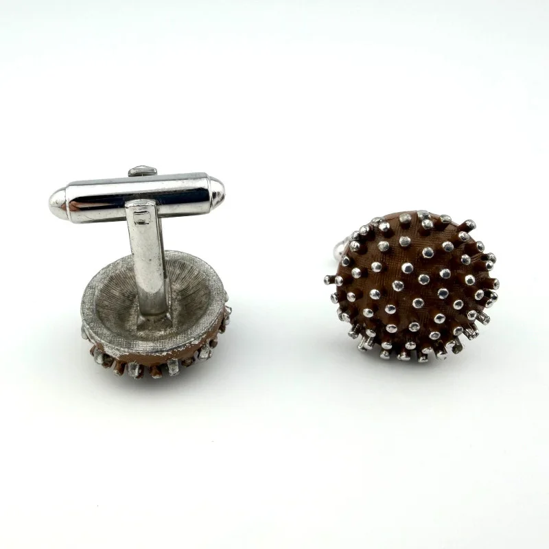 Brutalist Style Silver Tone Cufflinks Brown Pin Heads Bed Nails Dante Vintage