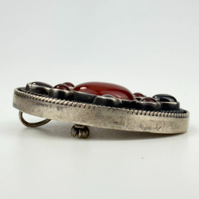 Vintage Rare Mexico 925 Silver Red Agat and Pink Tourmaline Pendant Brooch