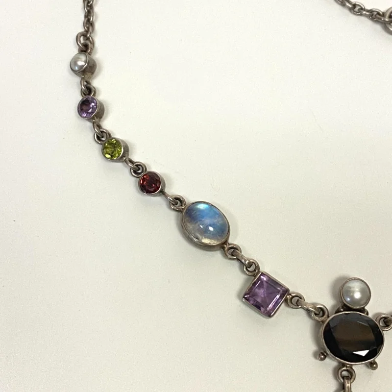 NICKY BUTLER STERLING UNUSUAL FESTOON DRAPE MOONSTONE, GARNET 17 NECKLACE