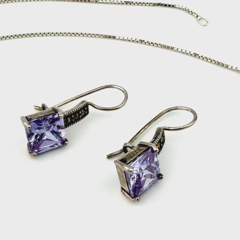 Sterling Silver Lavender CZ & Marcasite Jewelry Set - Pendant & Earrings - 925