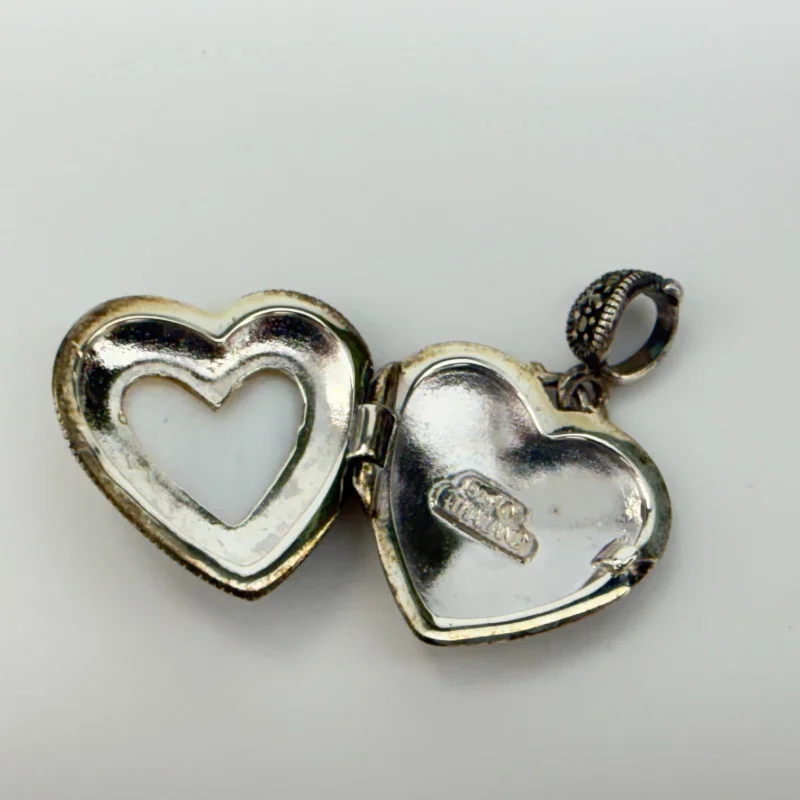 Vintage Marcasite Mother of Pearl Heart Locket/Pendant Sterling Silver Thailand