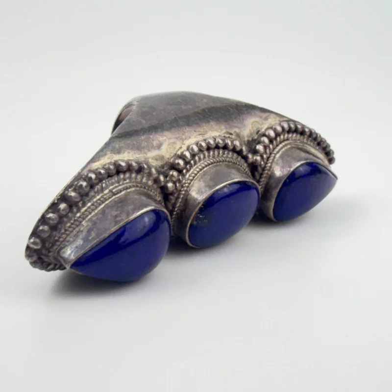 Bohemian Triple Stone Lapis Lazuli Elongated Massive Ring Sterling Silver Sz 10