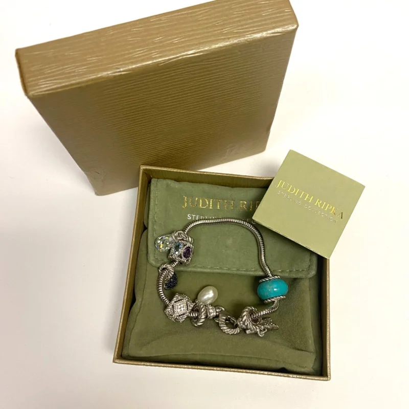 Judith Ripka Silver 925 CZ Charms Bracelet Size 7.5” Long, 7 pieces, Pouch, Box