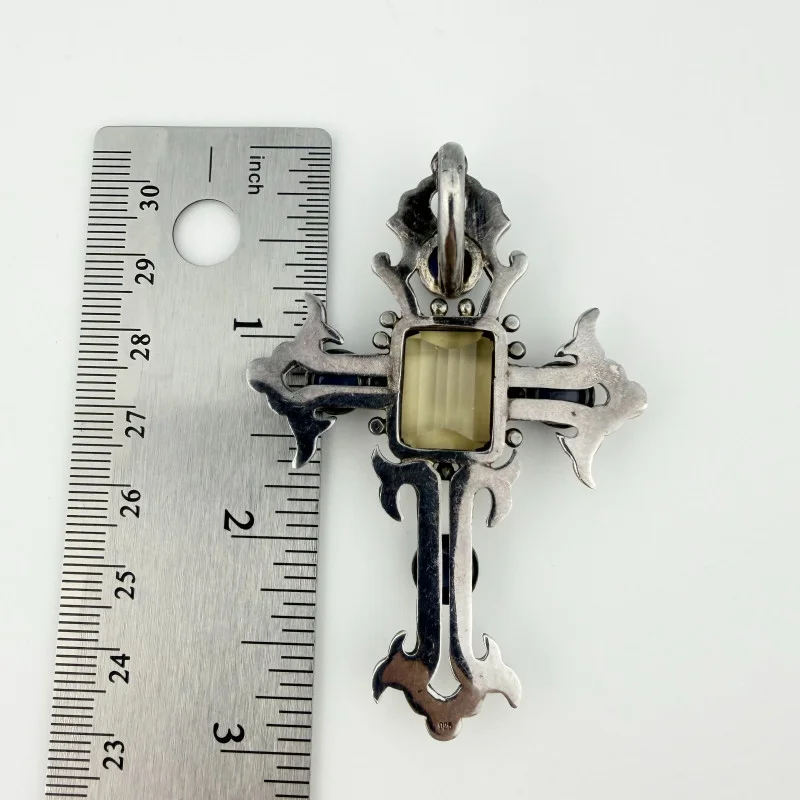 Vintage Sterling Silver Cross Pendant with Citrine and Iolite - 925