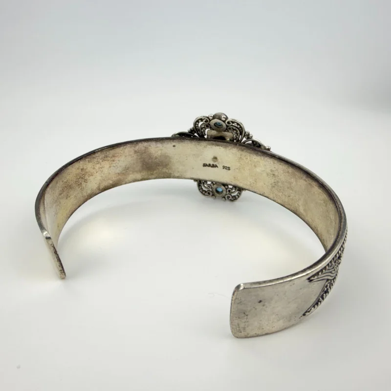 Rare Sarda Artisan Collection Of Bali Paraiba Silver Cuff Bracelet with Cross