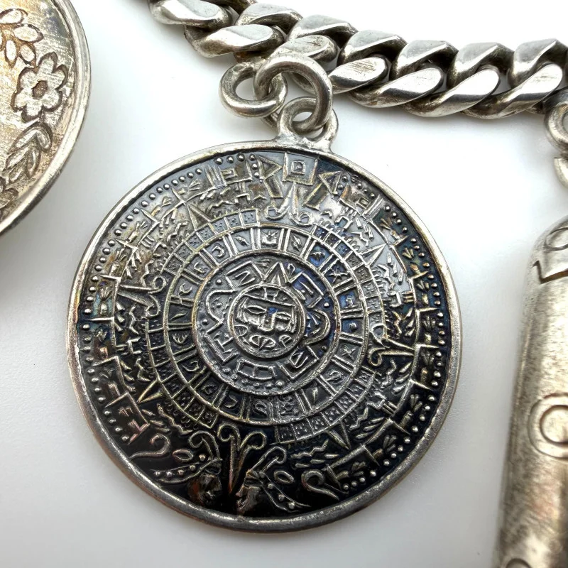 Vintage Sterling Silver Castelan Mexico Charm Link Southwestern Bracelet, 7”