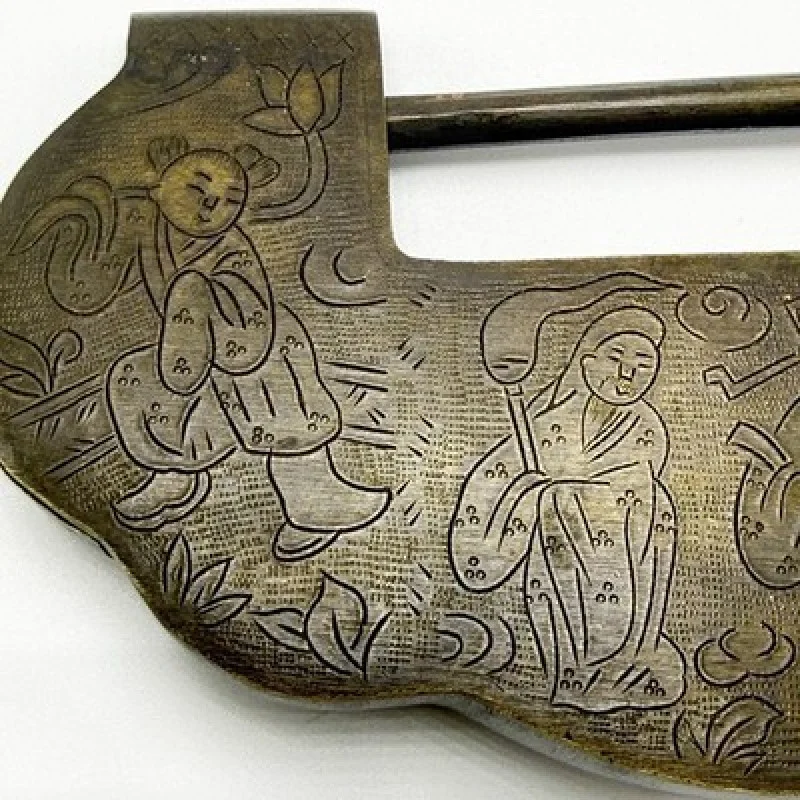 Rare Antique Chinese Engraved Figural Padlock Exceptional Asian Collector Piece
