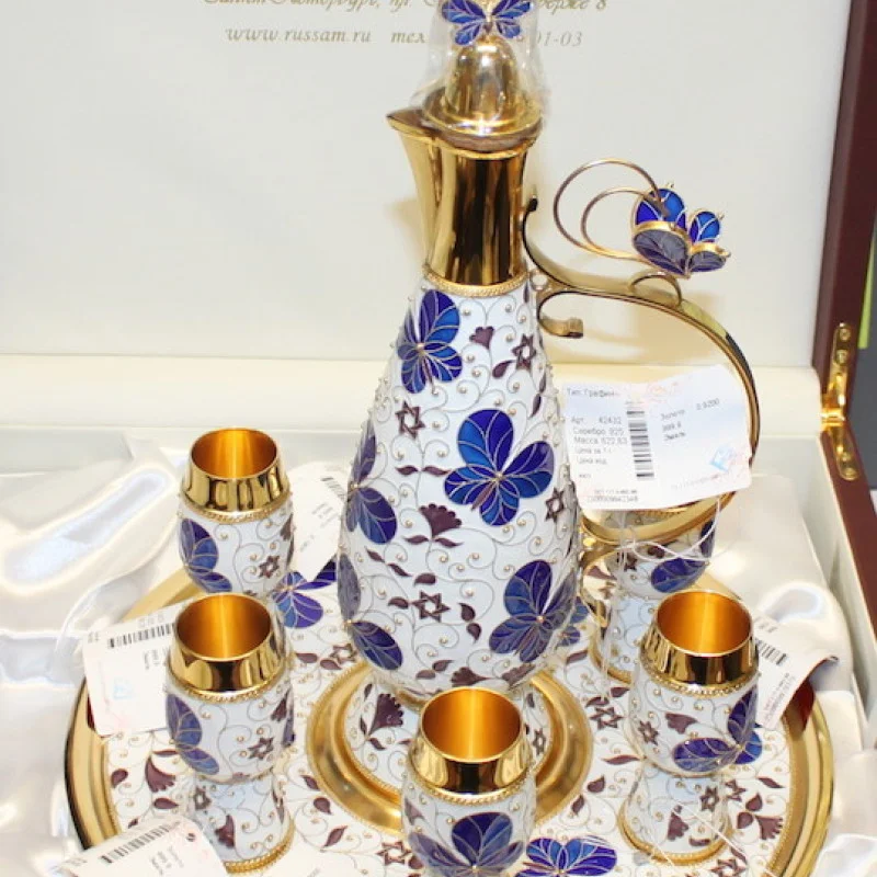 Butterfly Russian Sterling Silver & 24K Plated decanter for vodka & 6 Cups