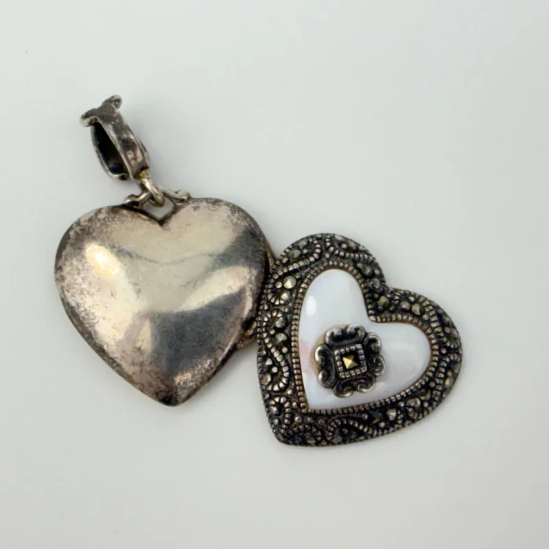 Vintage Marcasite Mother of Pearl Heart Locket/Pendant Sterling Silver Thailand