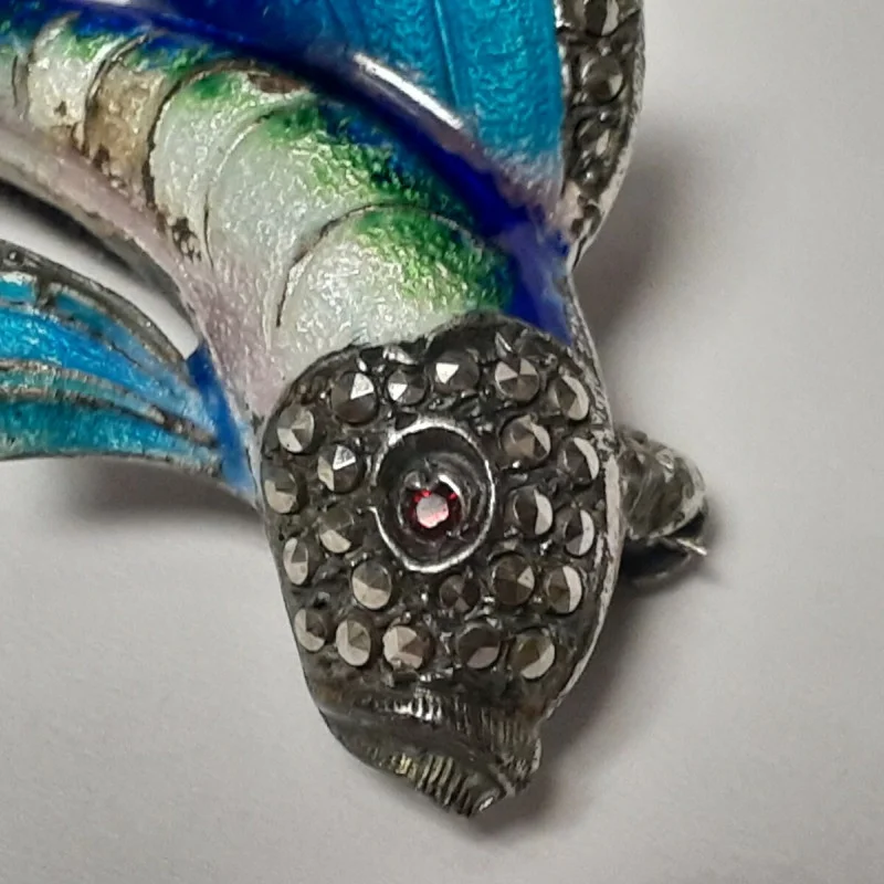 Antique Sterling Silver Designed Gems Faced Blue Multicolor Fish / 1 Ruby Eye  