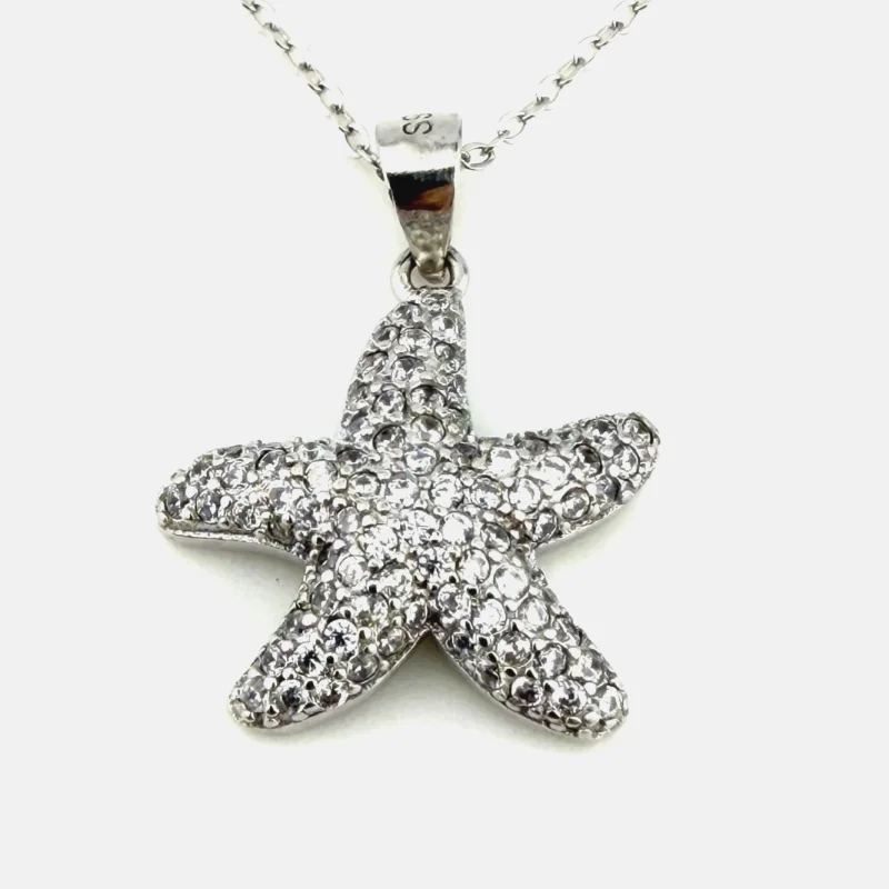 925 Sterling Silver Starfish Pendant Necklace with CZ - 15" Chain