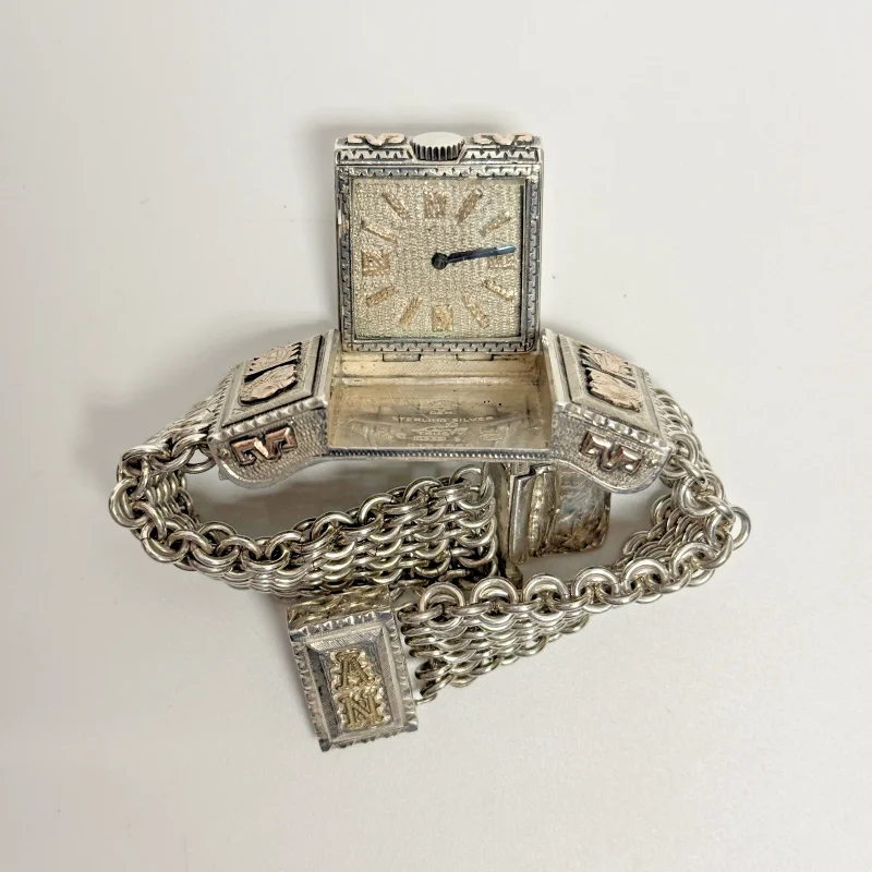 Rare Swiss .935 Sterling Silver Hidden Secret Watch Bracelet Gold Plated Vintage