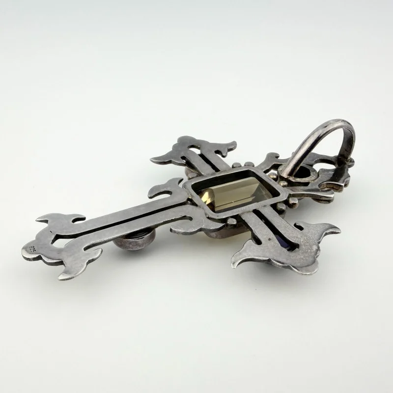 Vintage Sterling Silver Cross Pendant with Citrine and Iolite - 925