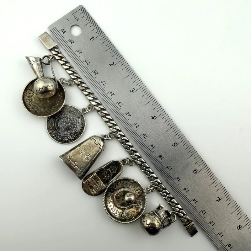 Vintage Sterling Silver Castelan Mexico Charm Link Southwestern Bracelet, 7”