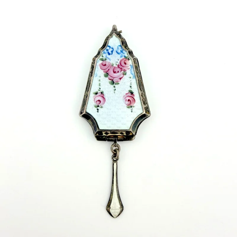 Antique Art Deco Sterling Silver Guilloche Enamel Locket - Pink Roses