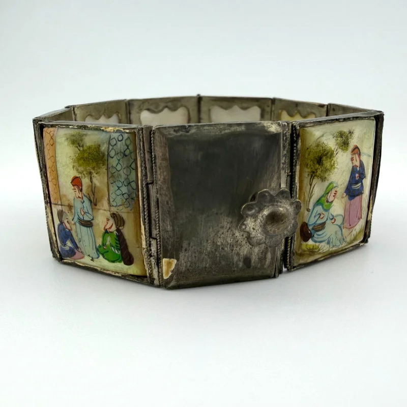 Vintage Antique Persian Miniature Painting Mother of Pearl Silver Bracelet