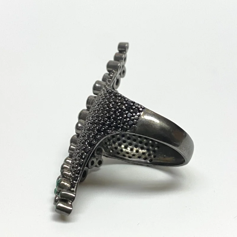 Sterling Silver Black Onyx and Green Emerald Ring