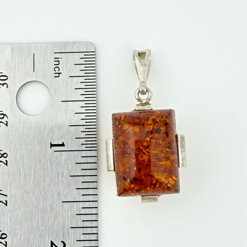 Vintage Sterling Silver Amber Pendant - Two Tone Square Cabochon