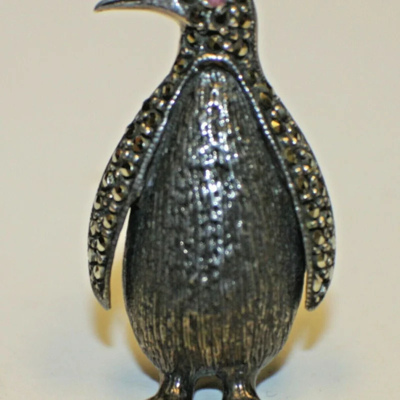 Antique Sterling Silver Marcasite Ferza Engraved Penguin RUBY Red EYE Brooch